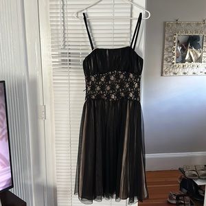 White House Black Market sz 4 black see through lace dress w/ gold satin lining